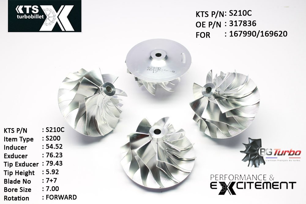 Turbo ROUE FORGÉE MFS PERFORMANCE - 7+7 PALES - INDUCER : 54,52 - EXDUCER : 76,232 - TYPE : S200ANGLE : 75° - ROTATION : Forward - SUPER BACK : 6,4147 - BORE SIZE : 7
